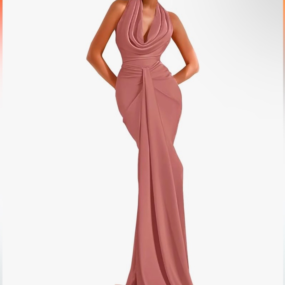 Pink: Satin Dusty Rose cowlneck dress